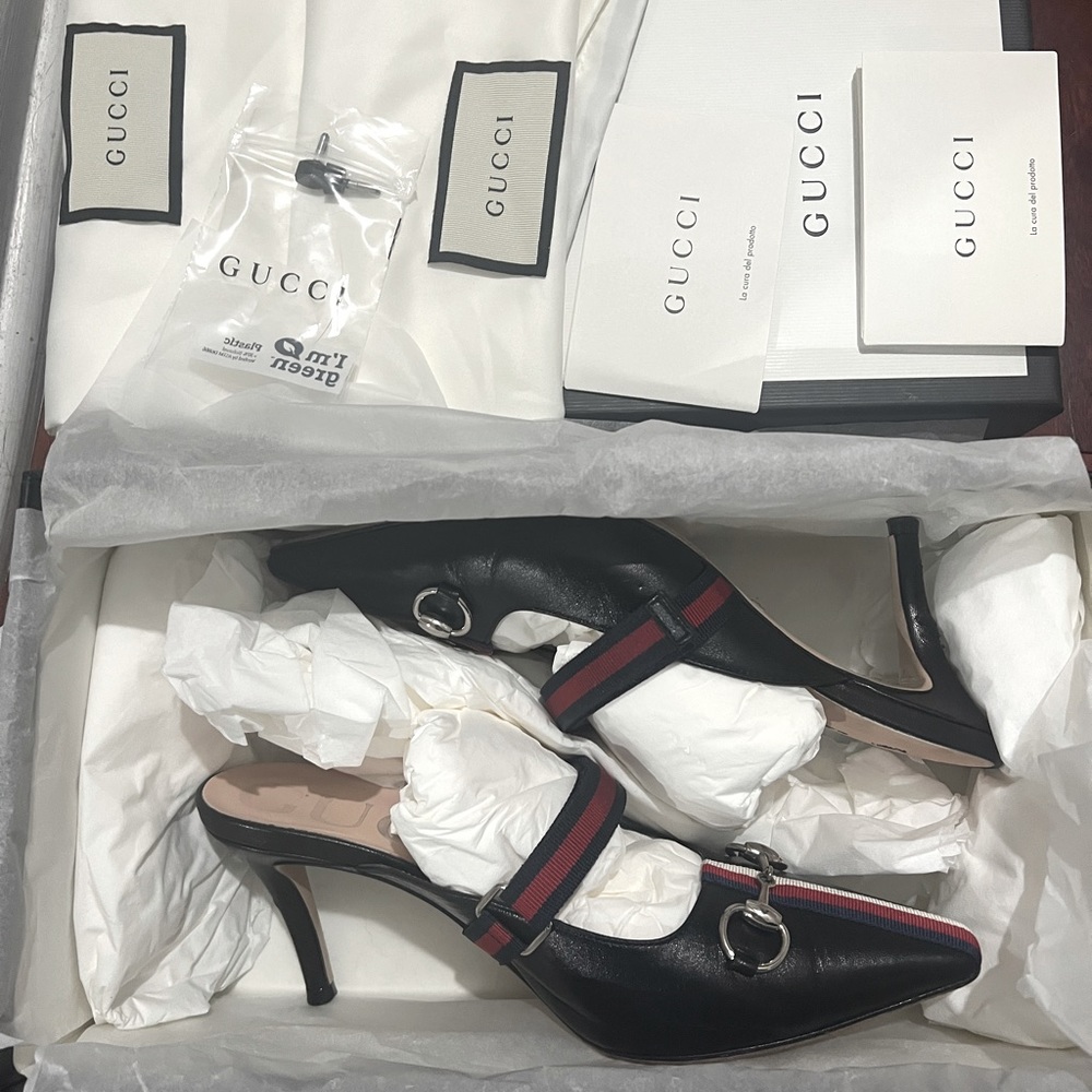 GUCCI Horsebit-detailed Grosgrain-trimmed Leather Mules size 35.5